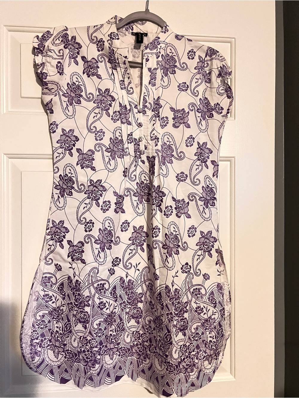 Women Kurtha White Mini Dress with Purple Floral Paisley Print
